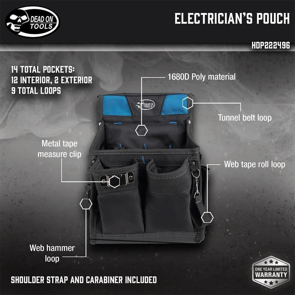11 in. 14-Pocket Electricians Professional Tool Pouch in Black with Steel Loop and Clip to Hold Tools Securely by DEAD ON TOOLS - Image 2