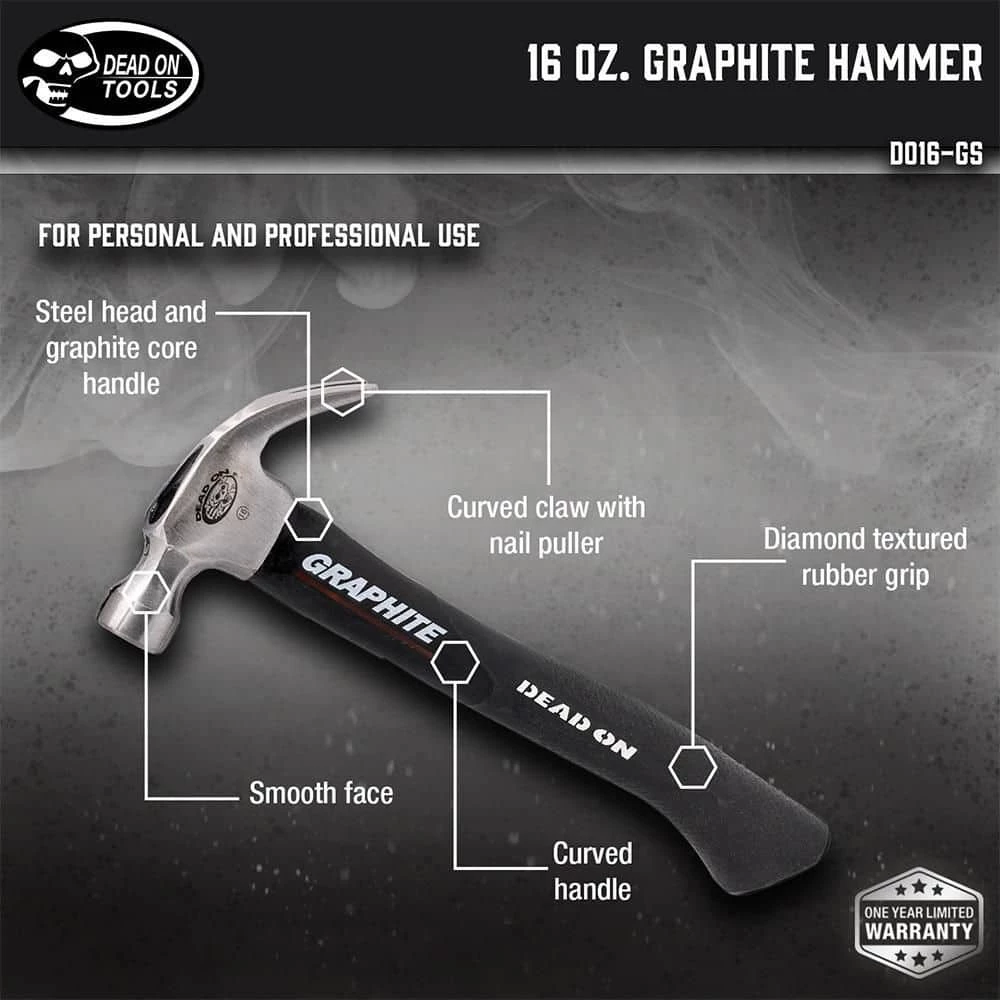 14 in. 16 oz. Smooth Face Hammer with Graphite Shaft by DEAD ON TOOLS - Image 2