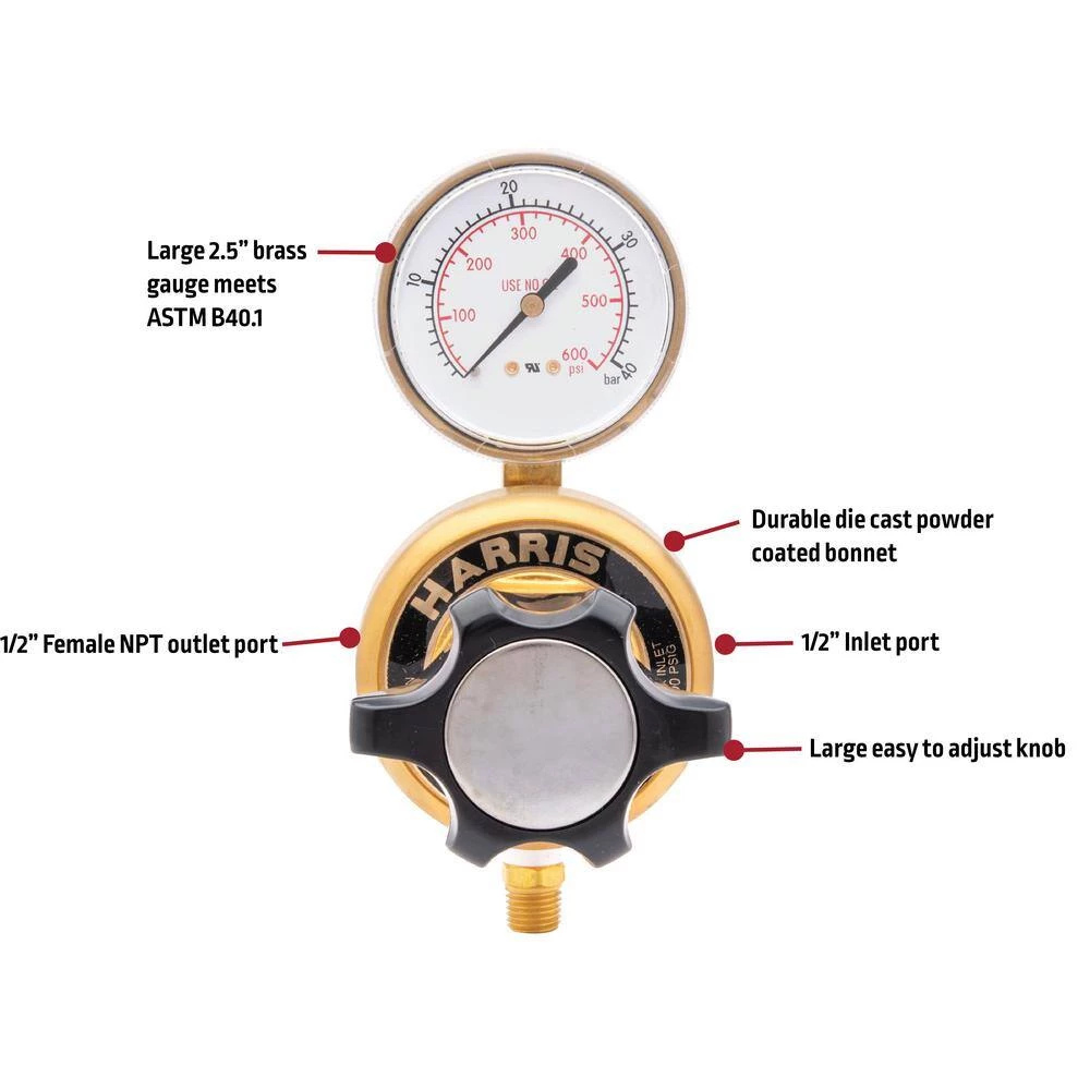 High-Flow Single Gauge Inline Manifold Nitrogen, Helium, Carbon Dioxide, Hydrogen, Oxygen Regulator 0-500 PSIG, .25 FNPT by Harris - Image 7