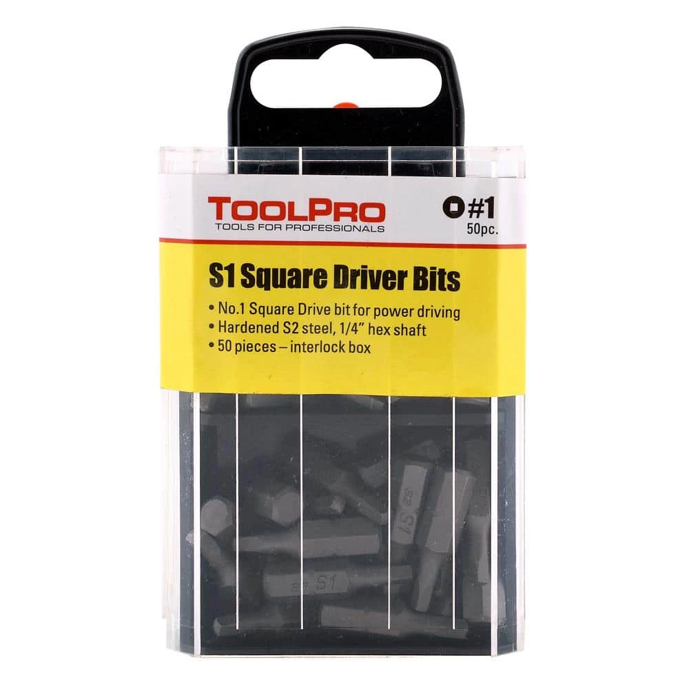 #1 Square Drive Bits in Interlocking Storage Box (50-Piece) by ToolPro